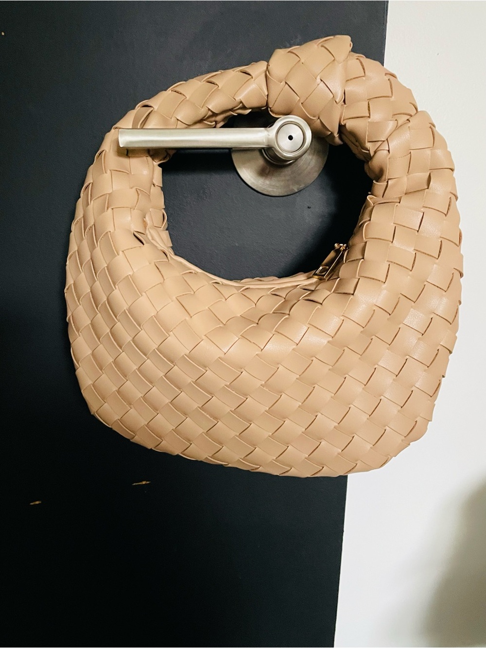Urban Expressions Woven Crescent Shoulder Bag in Tan - Picture 2 of 4